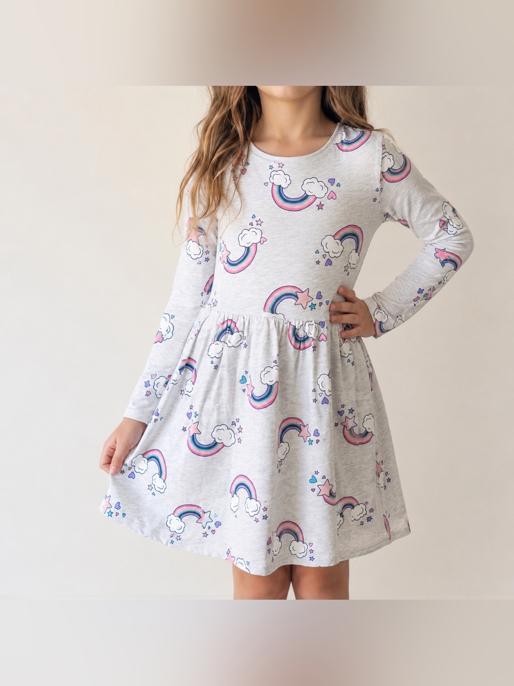 H&M Girls Size 8 10 Rainbow Dress Gray Long Sleeve Skater Cotton 134/140